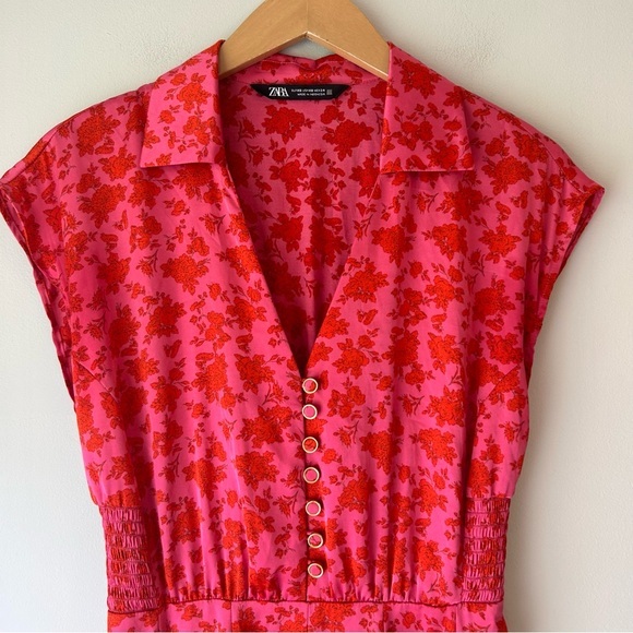 Zara Pink‎ Red Floral Satin Mini Dress - Picture 6 of 7